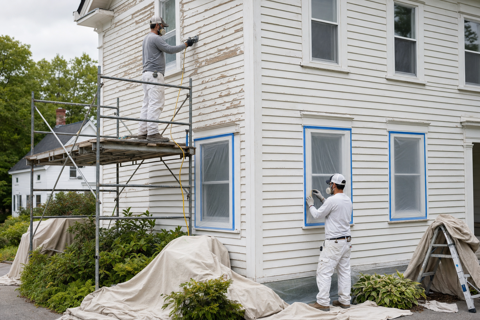 Professional painters preparing the exterior of a Maine home